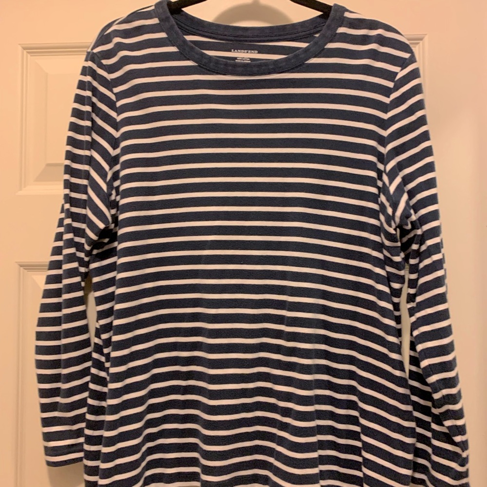 Blue and white striped long sleeved tee shirt